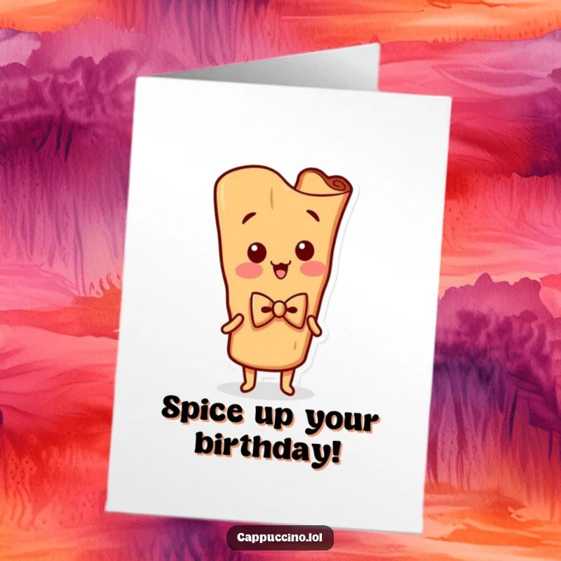 Funny Free Printable Birthday Card: A silly cinnamon stick character wearing a tiny bowtie, wiggling with birthday cheer.