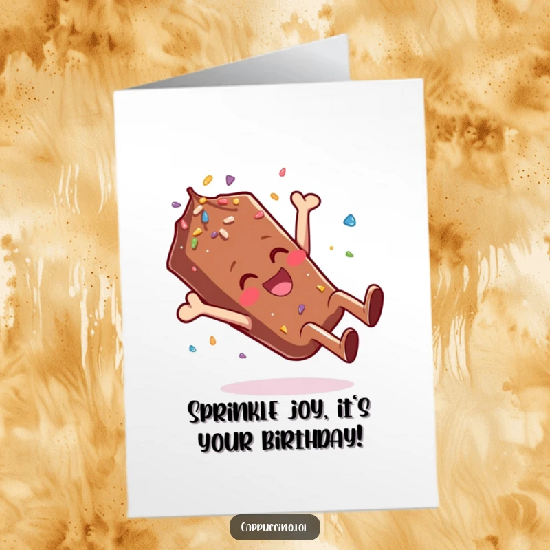 Funny Free Printable Birthday Card: A giggling chocolate sprinkle character doing a joyful somersault, celebrating the day.