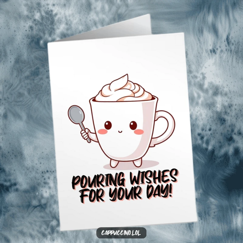 Funny Free Printable Birthday Card: Cappuccino cup character holds a tiny spoon like a microphone, ready to sing happy birthday.