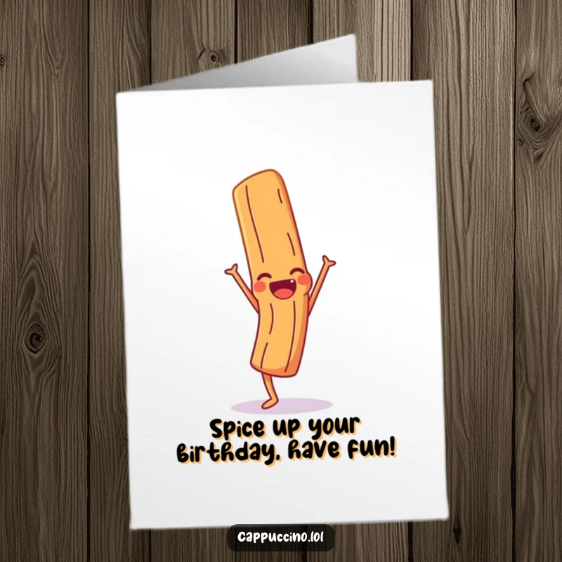 Funny Free Printable Birthday Card: A cinnamon stick character upside down in a handstand, giggling with birthday cheer and festive energy.