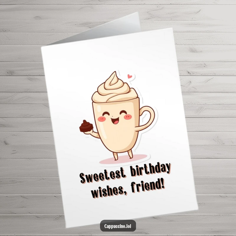 Funny Free Printable Birthday Card: Joyful cappuccino character expertly balancing a tiny chocolate shaving, a delightful birthday surprise. Instant download.
