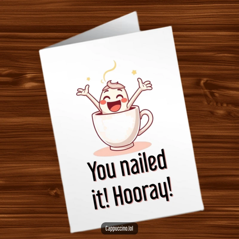 Funny Free Printable Congrats Card: An espresso shot character leaping with glee into a coffee cup, celebrating your success.