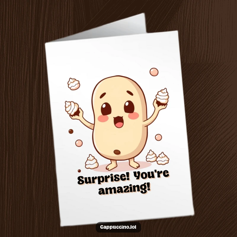 Funny Free Printable Congrats Card: A surprised coffee bean character juggling cream dollops, celebrating your win with amazement.