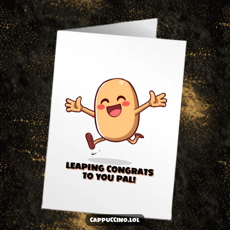 Funny free printable congratulations card featuring a gleeful coffee bean character mid-jump. An exciting downloadable gift.
