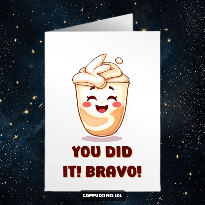 Funny Free Printable congratulations card: A happy coffee swirl morphs into a laughing face, spreading good vibes.