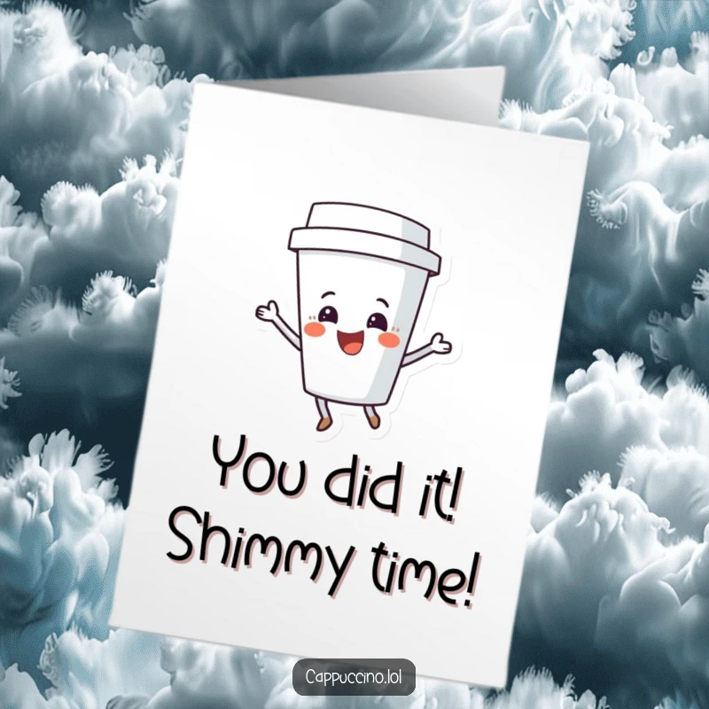 Funny free printable congratulations card featuring a delighted coffee cup character dancing with joy. A hilarious downloadable gift.