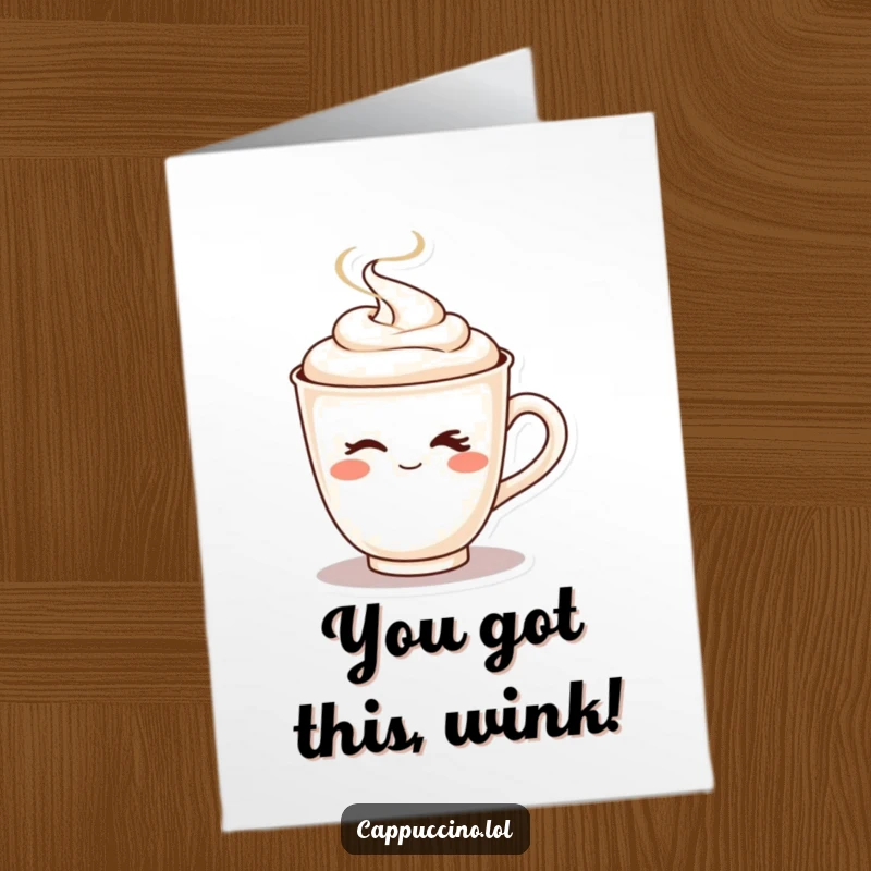 Funny Free Printable Congratulations Card: A cool cappuccino character winks suggestively as steam erupts. Perfect for celebrating big wins. Easy to print.
