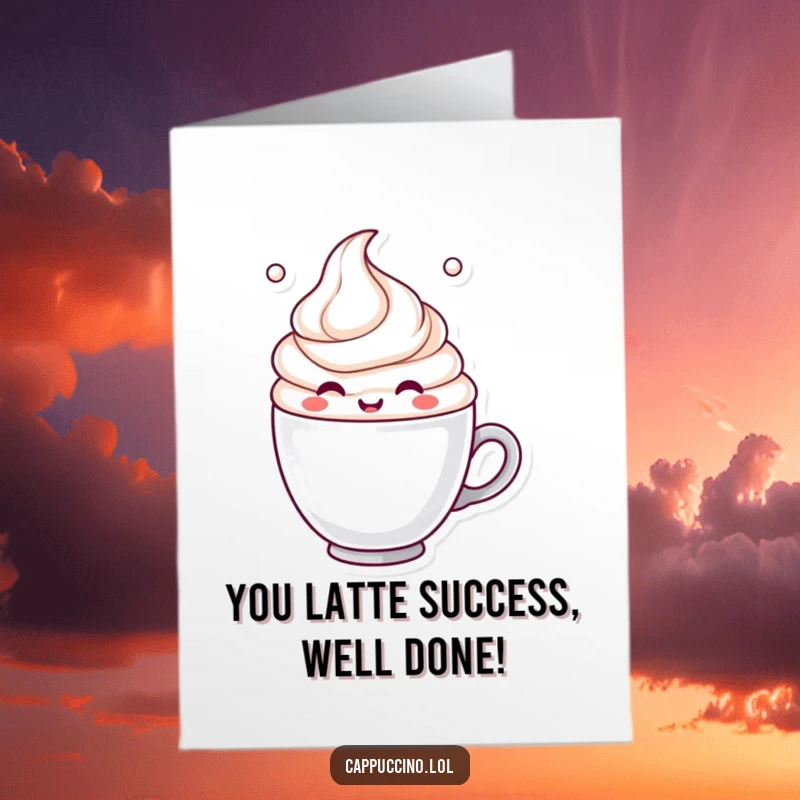 Funny Free Printable Congratulations Card: A cheerful milk froth character swirling excitedly in a coffee cup, celebrating an achievement.