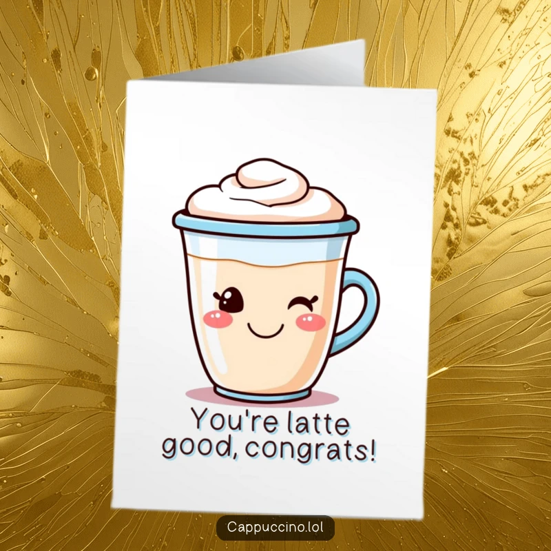 Funny Free Printable Congratulations Card: A smiling cappuccino cup with frothy foam art, celebrating a great achievement.
