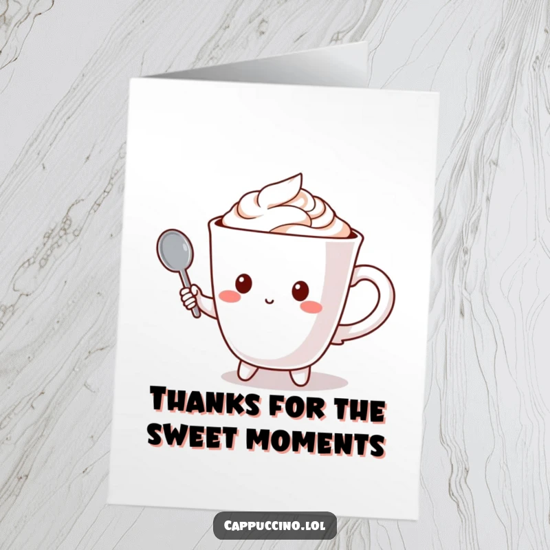 Funny Free Printable Thank You Card: Cappuccino cup character holding a tiny spoon as a microphone, singing a thank you tune.