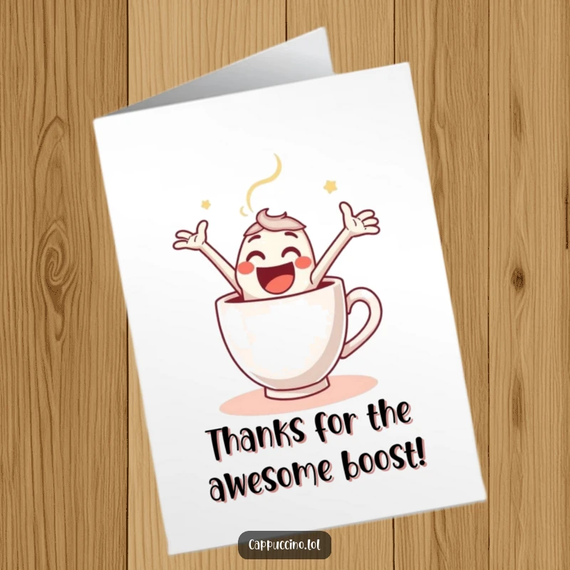 Funny Free Printable Thank You Card: A happy espresso shot character leaping into a steaming cup, sending thanks.