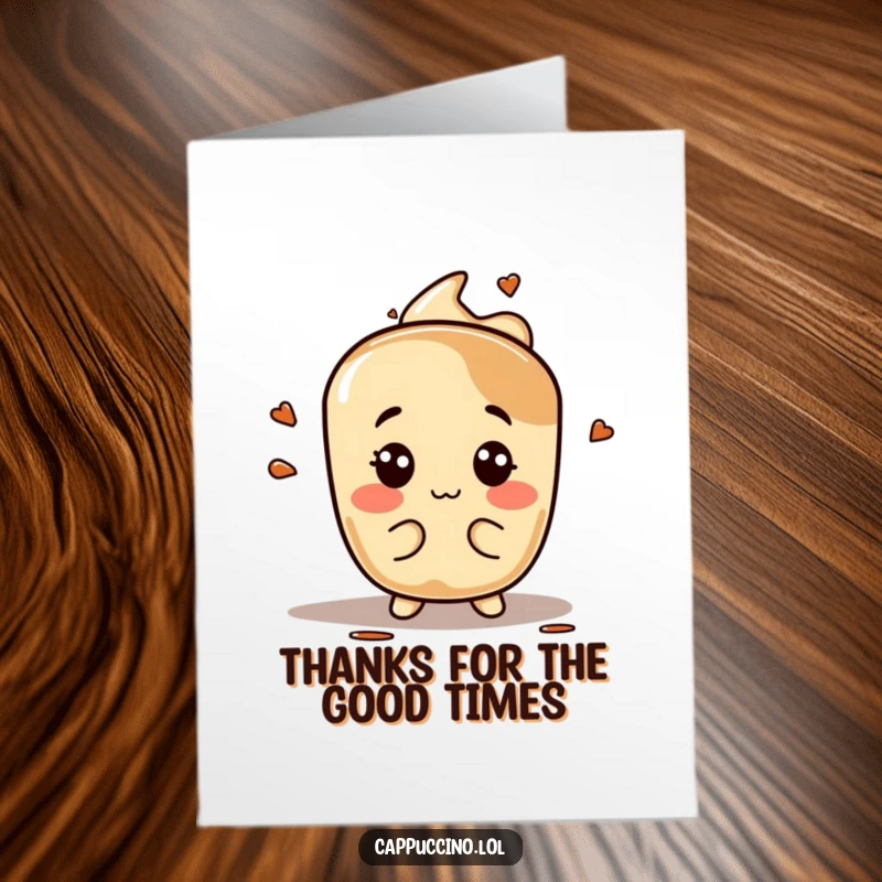 Funny Free Printable thank you card: A cute espresso stain character displays a goofy, silly face.
