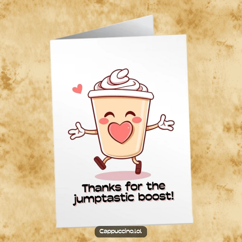 Funny Free Printable Thank You Card: Cheerful Cappuccino Cup with Foam Heart, Doing Energetic Jumping Jacks.