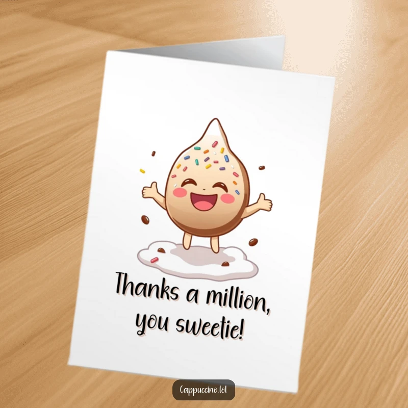 Funny Free Printable Thank You Card: A chocolate sprinkle character bouncing gleefully on foam, conveying thanks with pure delight.