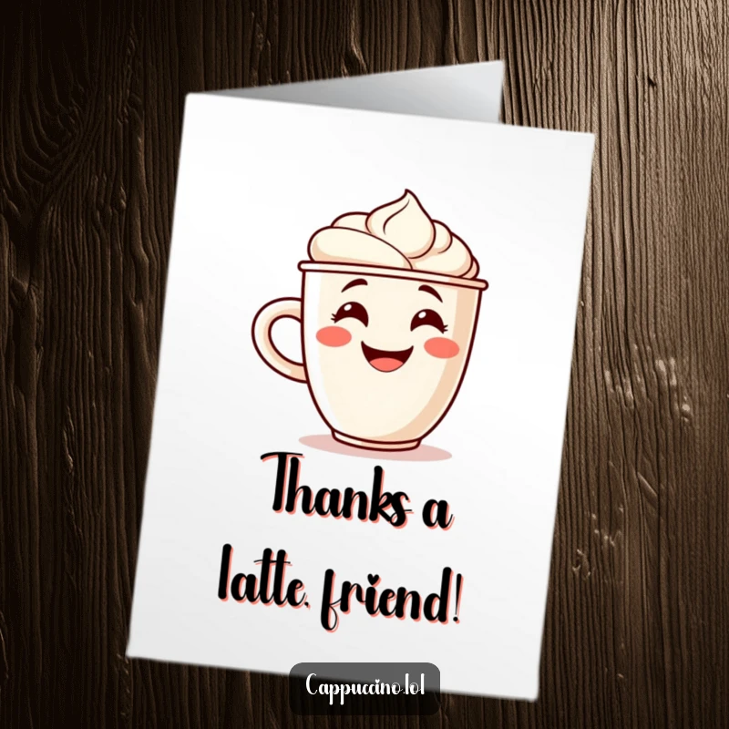 Funny Free Printable Thank You Card featuring a smiling cappuccino cup character with a foam swirl, cheering to express thanks.