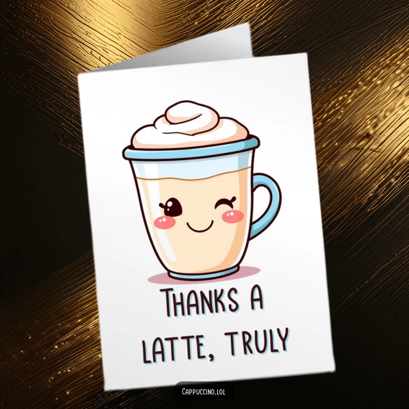 Funny Free Printable Thank You Card: A happy cappuccino cup character with frothy foam art, expressing gratitude.