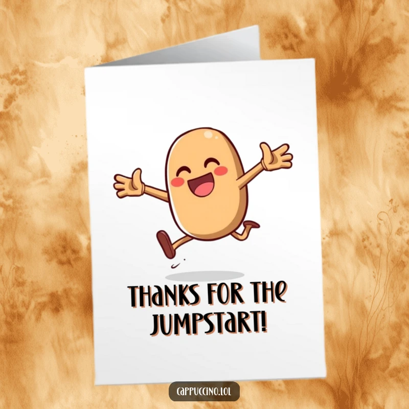 Funny free printable thank you card with a gleeful coffee bean character performing a daring jump. A spirited downloadable gift.