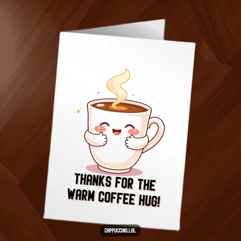 Funny Free Printable Thank You Card: A steaming cappuccino cup character giving a warm, bubbly hug, showing thanks.