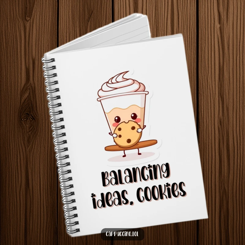 Funny cappuccino cup character balancing a cookie on a notebook cover, inspiring creativity.