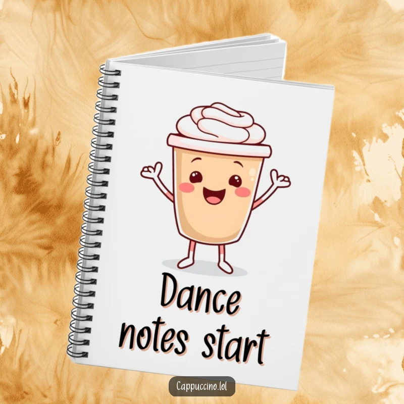 Funny notebook cover with a cheerful cappuccino cup character doing a happy jig, ready for notes and ideas.