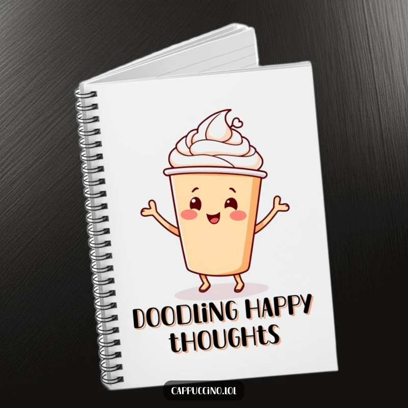 Funny Notebook cover with a cheerful cappuccino cup character doing a happy dance, ready for journaling and ideas.