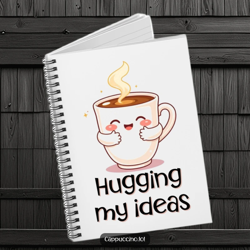 Funny notebook featuring a steaming cappuccino cup character giving a warm, bubbly hug, ideal for journaling comfort.