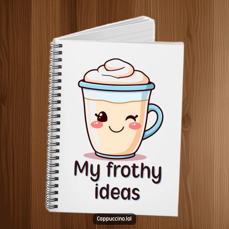 Funny cappuccino notebook with a smiling coffee cup character and frothy foam art, perfect for jotting down notes cheerfully.