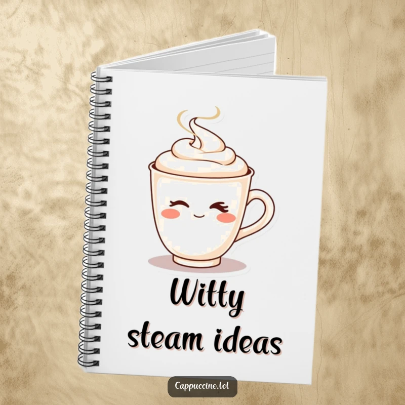 Funny notebook cover with a playful cappuccino cup character winking as steam rises.