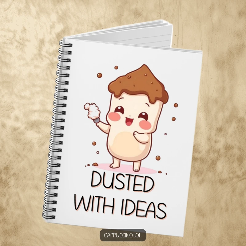 Funny Cheerful Cocoa Notebook showing a playful cocoa powder character dusting itself, perfect for jotting down sweet ideas with whimsical charm.