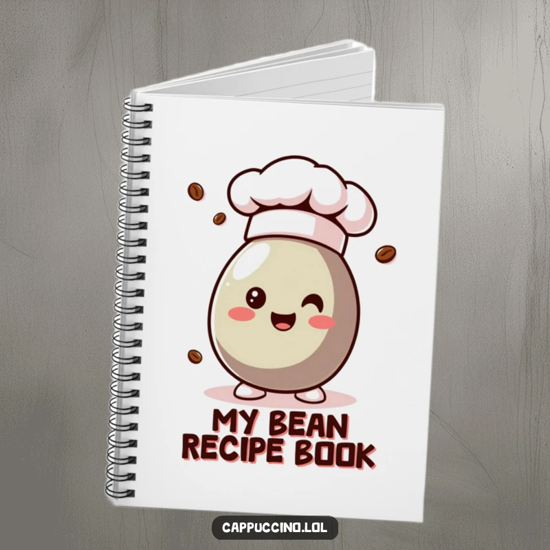 Funny coffee bean character wearing a chef hat on a notebook cover, inspiring culinary creativity.