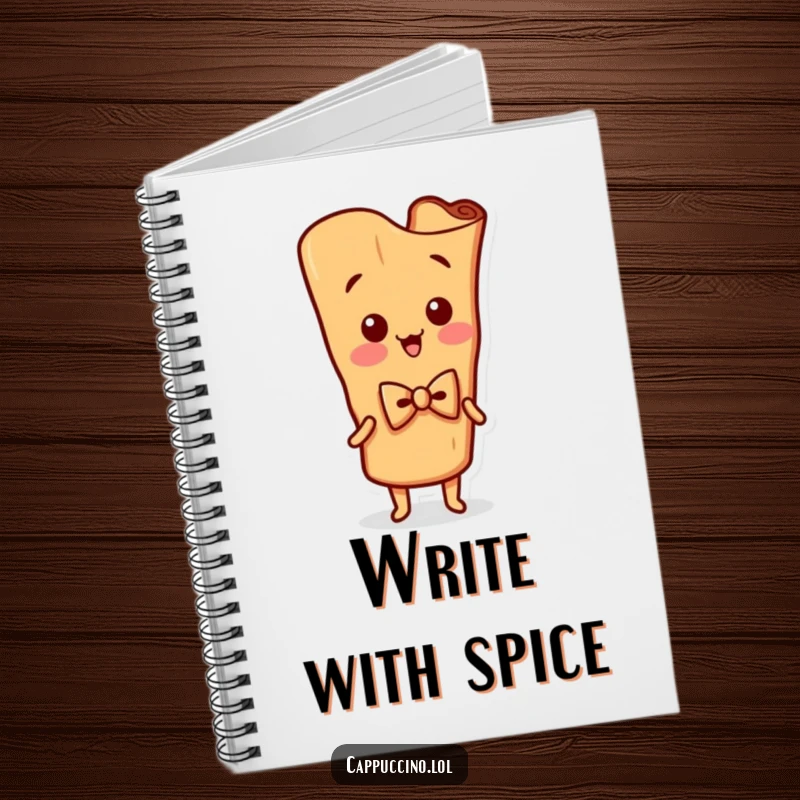 Funny Notebook cover with a silly cinnamon stick character wearing a bowtie and wiggling, inspiring creativity.