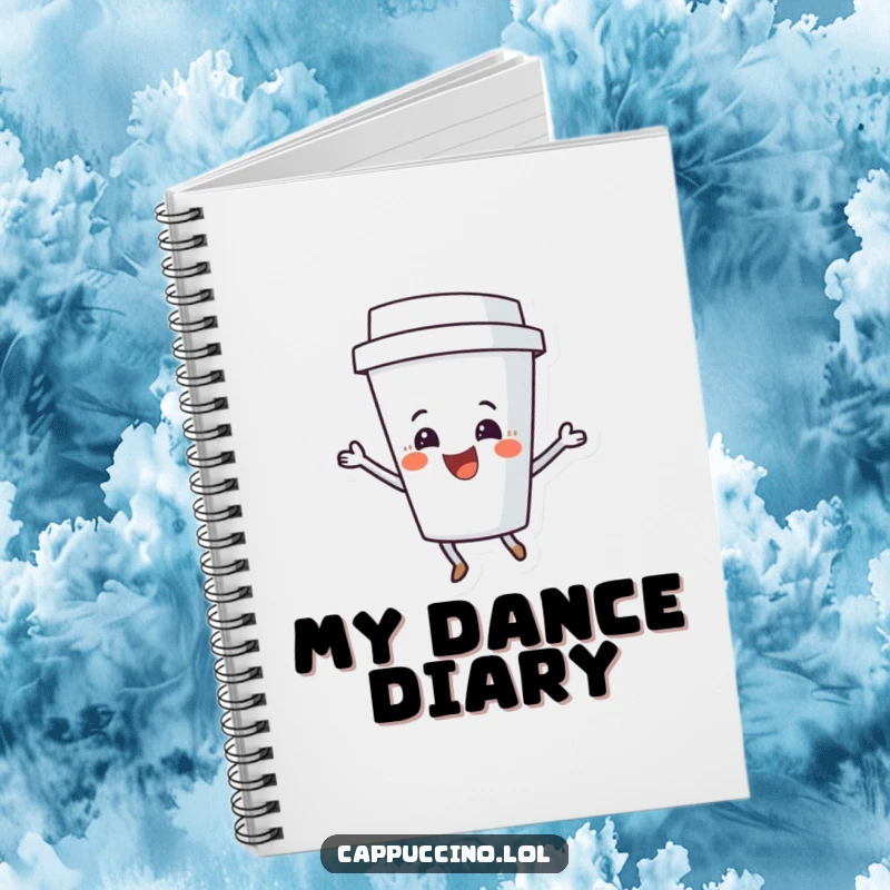Funny Coffee Cup Shimmy Notebook showing a delighted character dancing, perfect for capturing notes and ideas with whimsical energy.