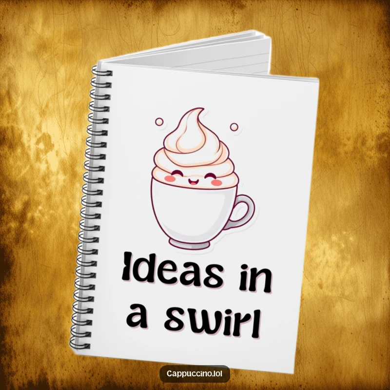 Funny Notebook with a cheerful milk froth character swirling happily on the cover, inspiring joyful note-taking.