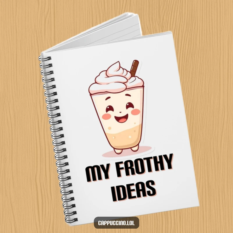 Funny notebook with a cheerful cappuccino foam character smiling. Ideal for notes and creative writing.