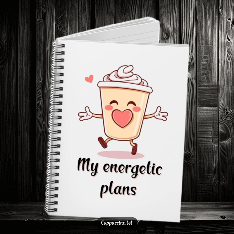 Funny Notebook: Cheerful cappuccino cup character with a foam heart, performing jumping jacks, for jotting down bright ideas.