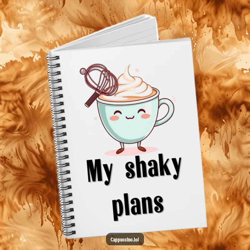 Funny Notebook: Wobbly cappuccino cup character, balancing a miniature whisk on its rim, for careful note-taking.