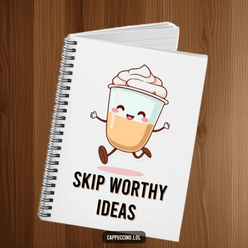 Funny notebook featuring a happy cappuccino cup character with legs doing a silly little skip, ideal for note-taking.