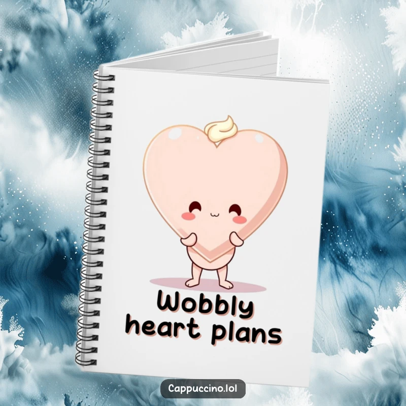 Funny notebook featuring a wobbly cappuccino cup character balancing a large foam heart, ideal for journaling about love.