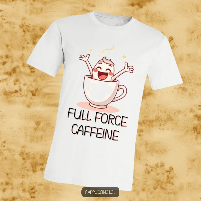 Funny T-Shirt illustrating an ecstatic espresso shot character joyfully leaping into a steaming coffee cup, full of glee.