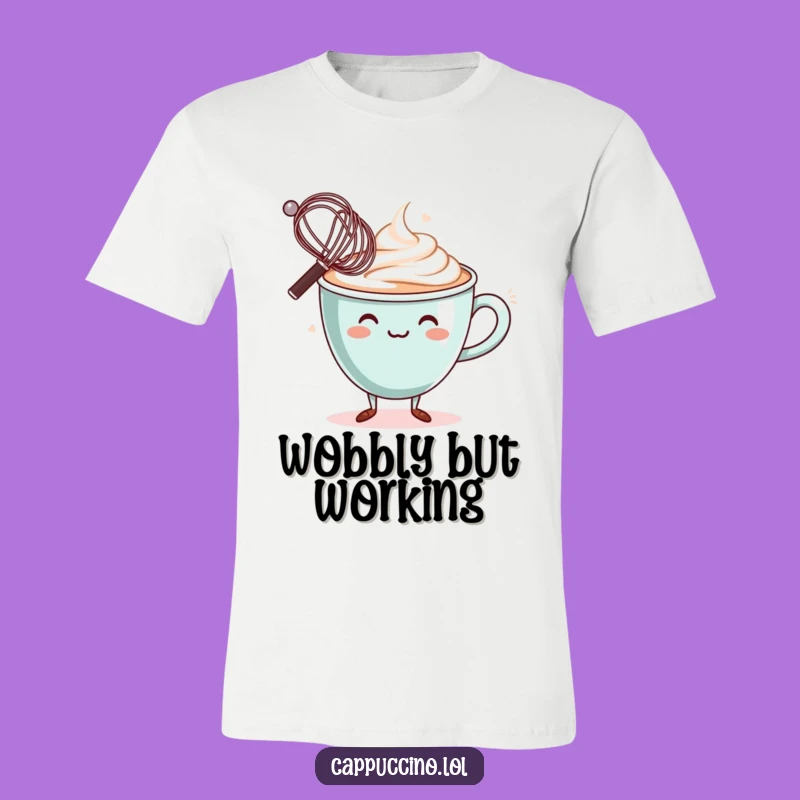 Funny Balancing T-Shirt: Wobbly Cappuccino Cup Character Whisk Tee