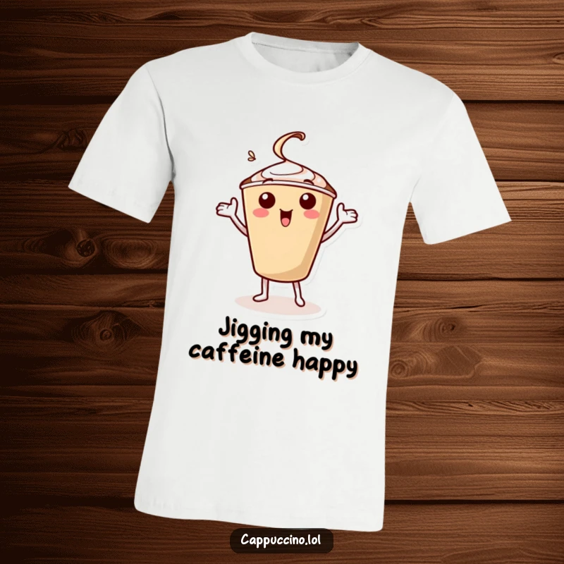 Funny t-shirt showcasing a cheerful cappuccino cup character energetically doing a celebratory jig with its arms, radiating pure happiness.
