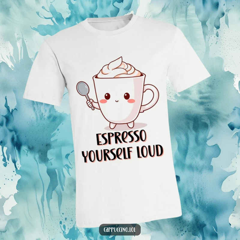 Funny T-shirt with a cappuccino cup character using a tiny spoon as a microphone, ready to perform.