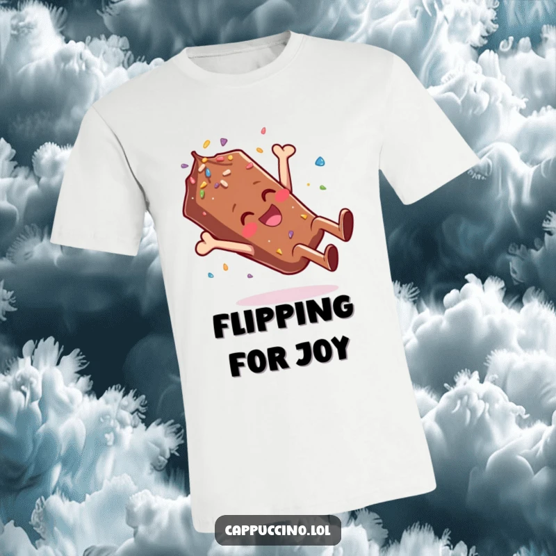 Funny T-Shirt depicting a happy chocolate sprinkle character doing a delightful somersault with pure glee.