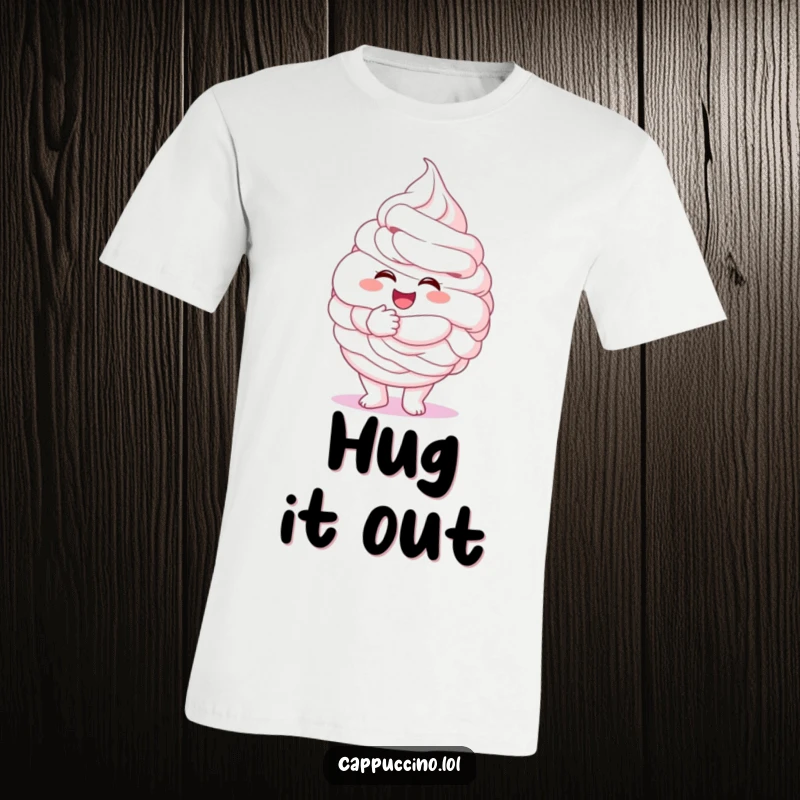 Funny whipped cream t-shirt, excited character giving a giant fluffy hug, joyful and comforting, great funny gift idea.