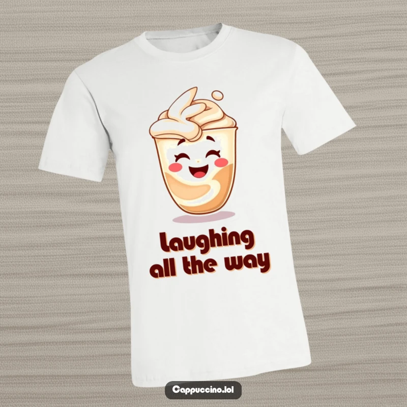 Funny cappuccino swirl t-shirt, character morphing into a laughing face, expressing joy and amusement, great funny gift idea.