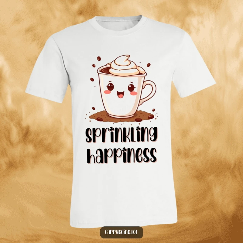 Funny t-shirt showing a happy cappuccino cup character playfully sprinkling cocoa powder, celebrating warm beverages and treats.