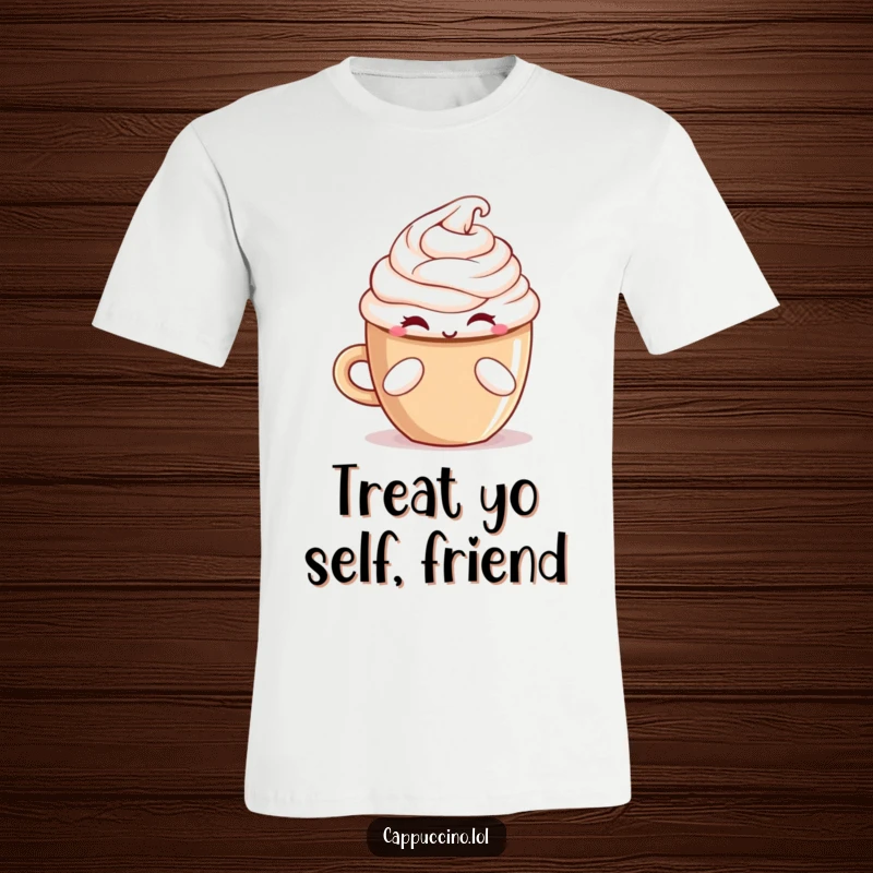 Funny winking cappuccino cup character offering a treat on a comfortable t-shirt, full of charm.