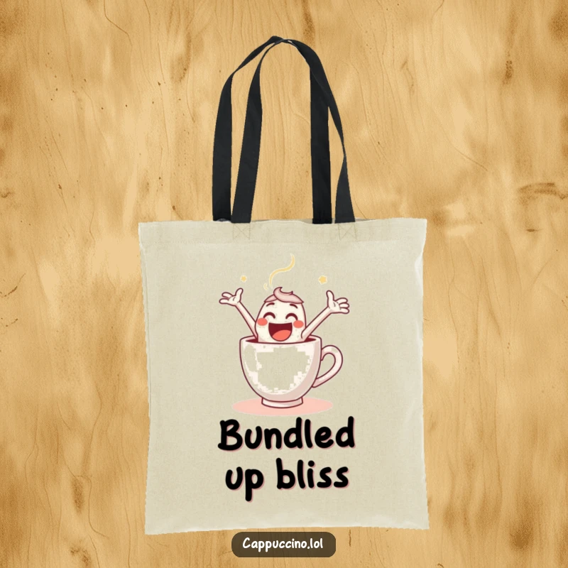 Funny Tote Bag with a joyful espresso shot character leaping with gusto into a steaming cup of coffee.