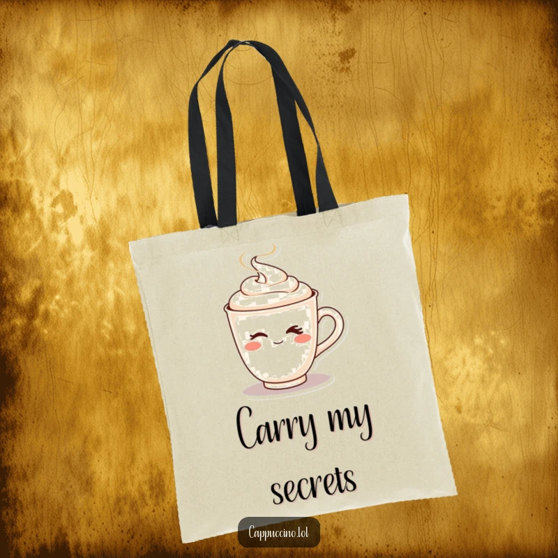 Funny tote bag with a playful cappuccino cup character winking and sending out steam.