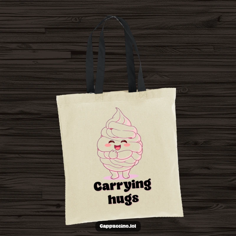 Funny whipped cream tote bag, excited character giving a giant fluffy hug, practical and cute, excellent funny gift.